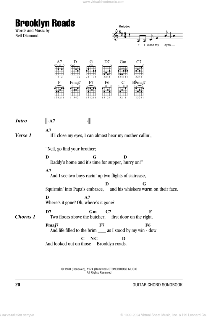 Brooklyn Roads sheet music for guitar (chords) by Neil Diamond, intermediate skill level