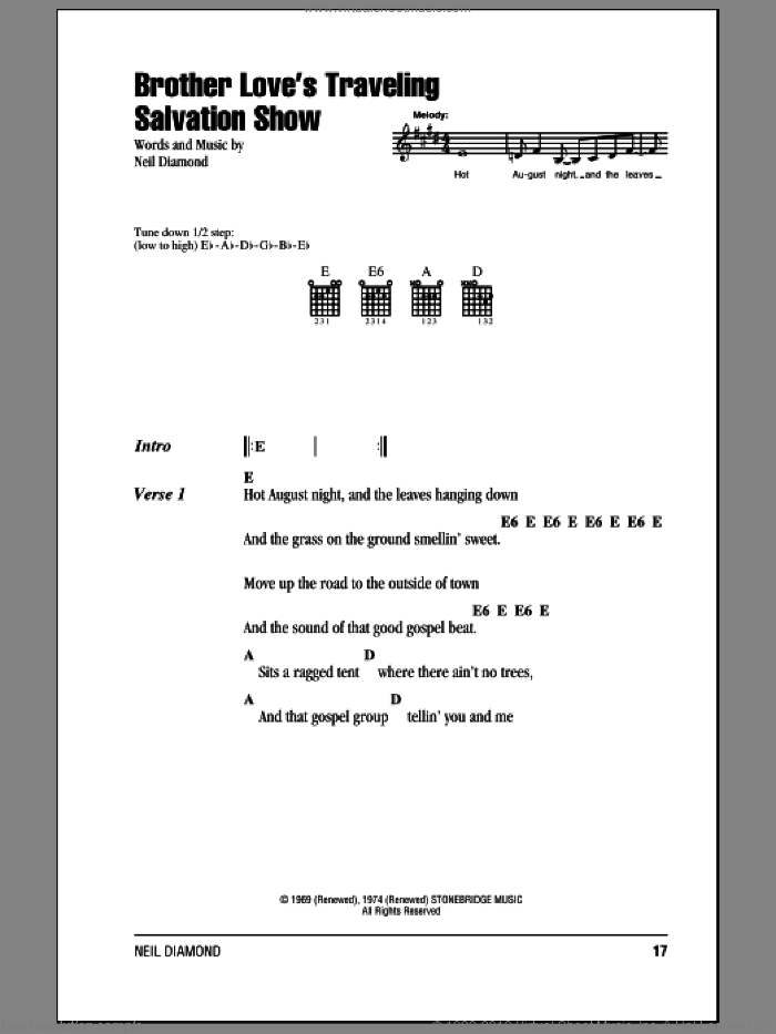 Brother Love's Traveling Salvation Show sheet music for guitar (chords) by Neil Diamond, intermediate skill level