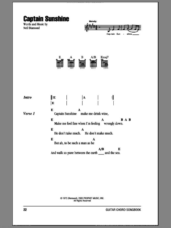 Captain Sunshine sheet music for guitar (chords) by Neil Diamond, intermediate skill level