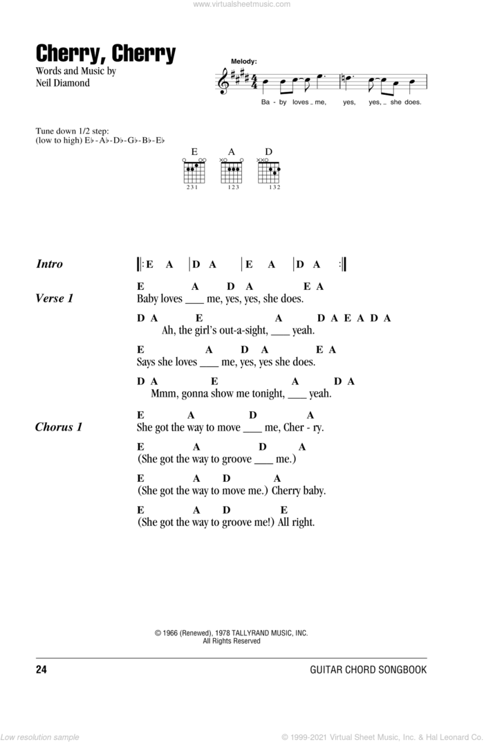 Cherry, Cherry sheet music for guitar (chords) by Neil Diamond, intermediate skill level
