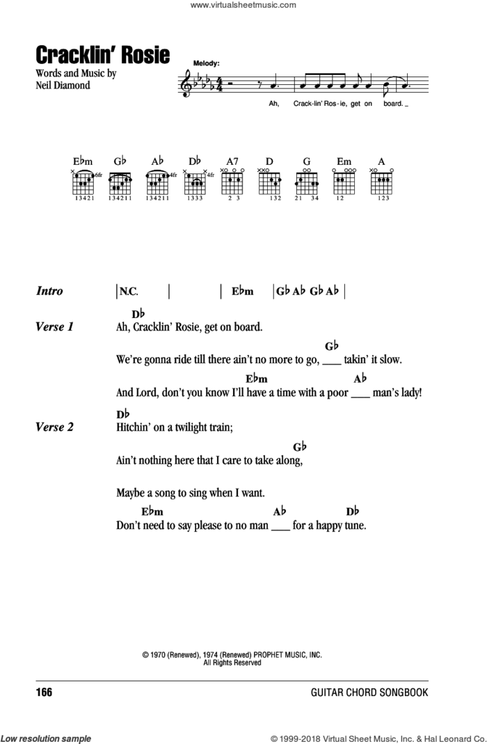 Cracklin' Rosie sheet music for guitar (chords) by Neil Diamond, intermediate skill level