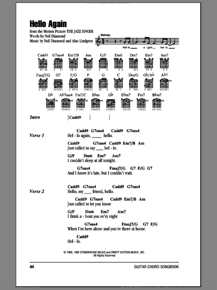 Hello Again sheet music for guitar (chords) by Neil Diamond and Alan Lindgren, intermediate skill level