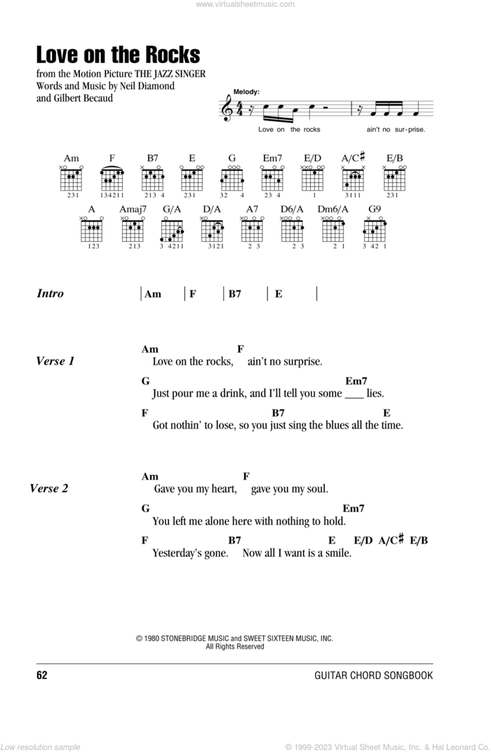 Love On The Rocks sheet music for guitar (chords) by Neil Diamond and Gilbert Becaud, intermediate skill level
