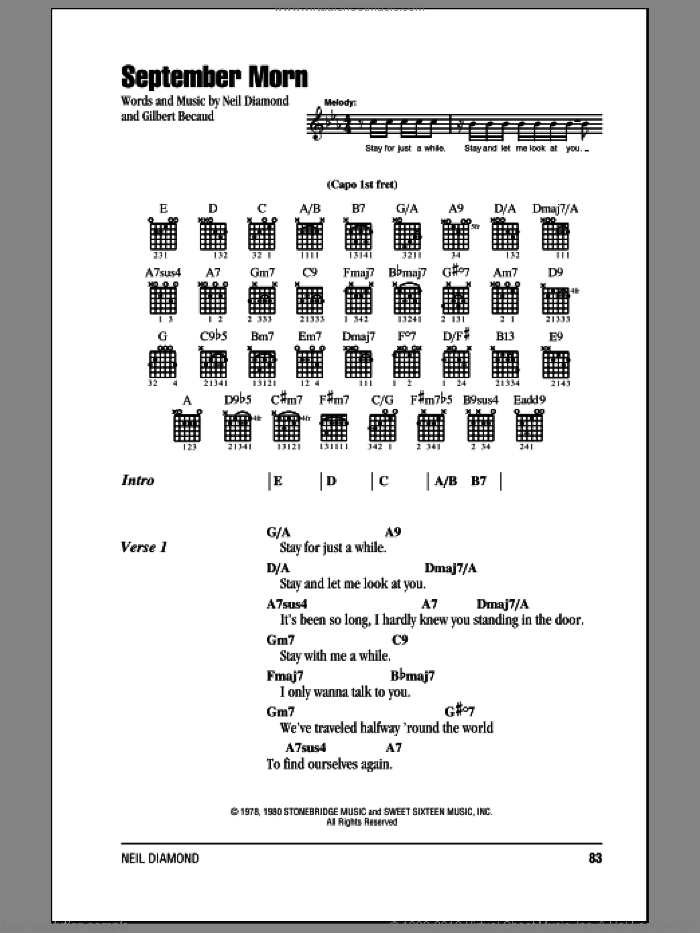 September Morn sheet music for guitar (chords) by Neil Diamond and Gilbert Becaud, intermediate skill level