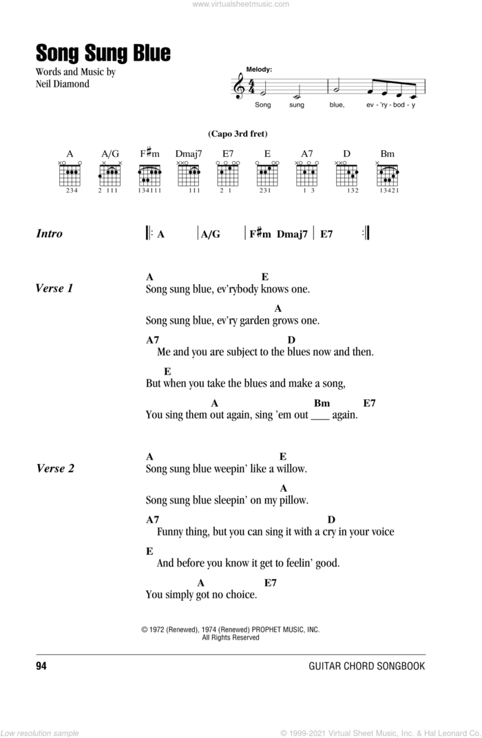 Song Sung Blue sheet music for guitar (chords) by Neil Diamond, intermediate skill level