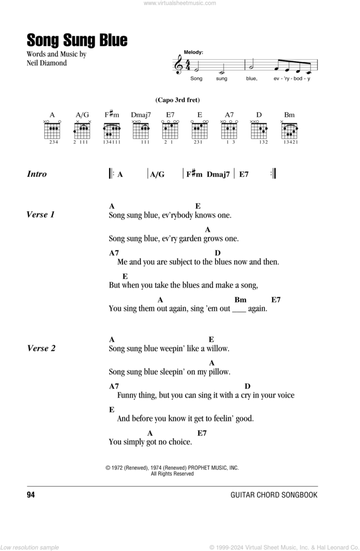 Song Sung Blue sheet music for guitar (chords) by Neil Diamond, intermediate skill level