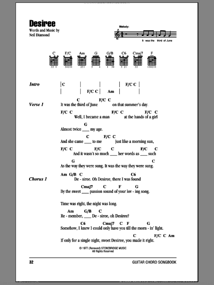 Desiree sheet music for guitar (chords) by Neil Diamond, intermediate skill level