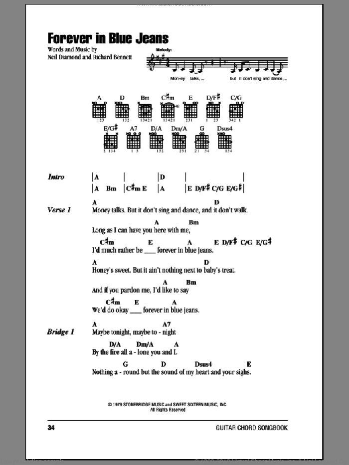 Forever In Blue Jeans sheet music for guitar (chords) by Neil Diamond and Richard Bennett, intermediate skill level