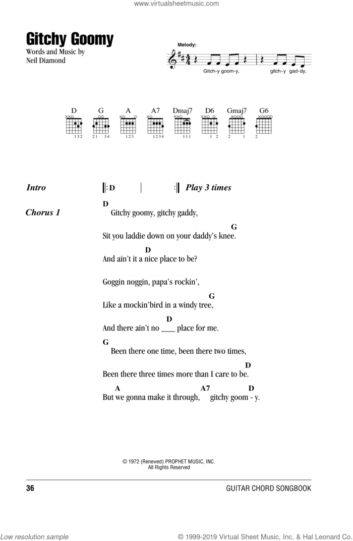Gitchy Goomy sheet music for guitar (chords) by Neil Diamond, intermediate skill level