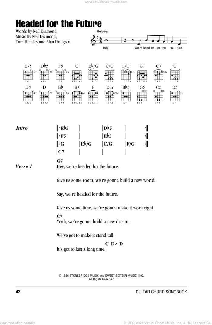 Headed For The Future sheet music for guitar (chords) by Neil Diamond, Alan Lindgren and Tom Hensley, intermediate skill level