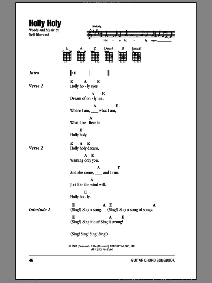 Holly Holy sheet music for guitar (chords) by Neil Diamond, intermediate skill level