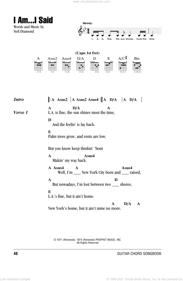 I Am...I Said sheet music for guitar (chords) by Neil Diamond, intermediate skill level