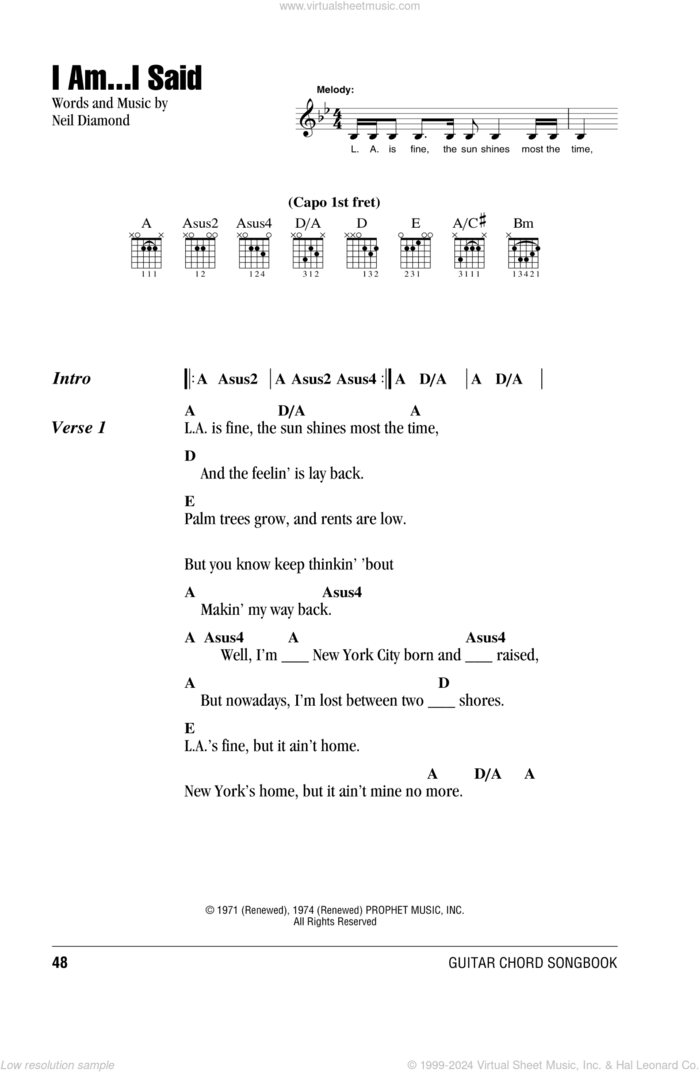 I Am...I Said sheet music for guitar (chords) by Neil Diamond, intermediate skill level