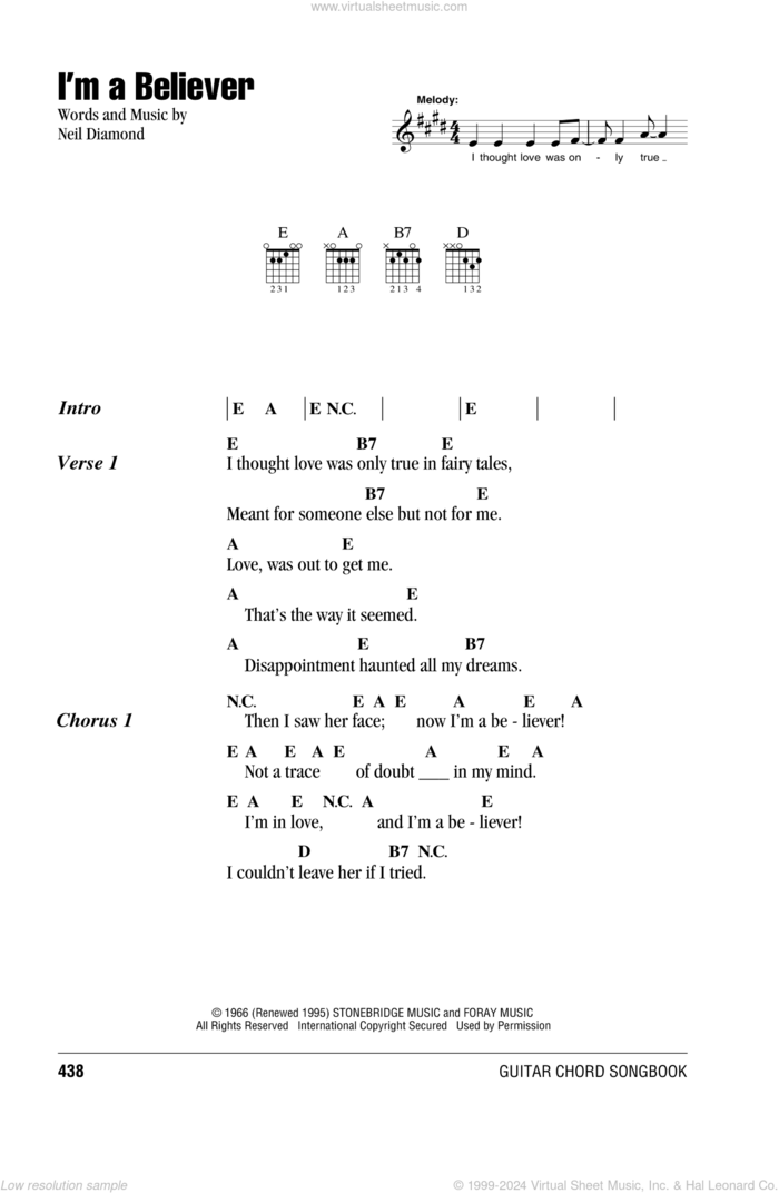 I'm A Believer sheet music for guitar (chords) by Neil Diamond and The Monkees, intermediate skill level