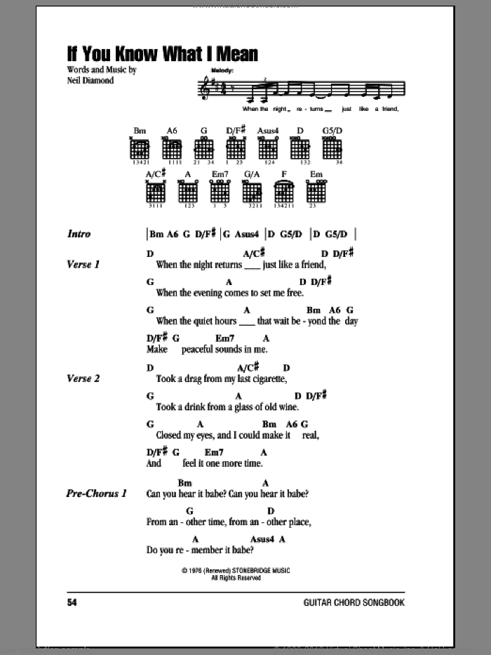 If You Know What I Mean sheet music for guitar (chords) by Neil Diamond, intermediate skill level
