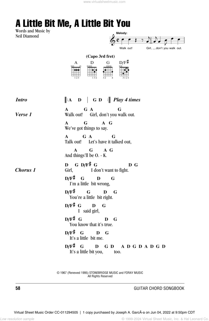 A Little Bit Me, A Little Bit You sheet music for guitar (chords) by Neil Diamond and The Monkees, intermediate skill level