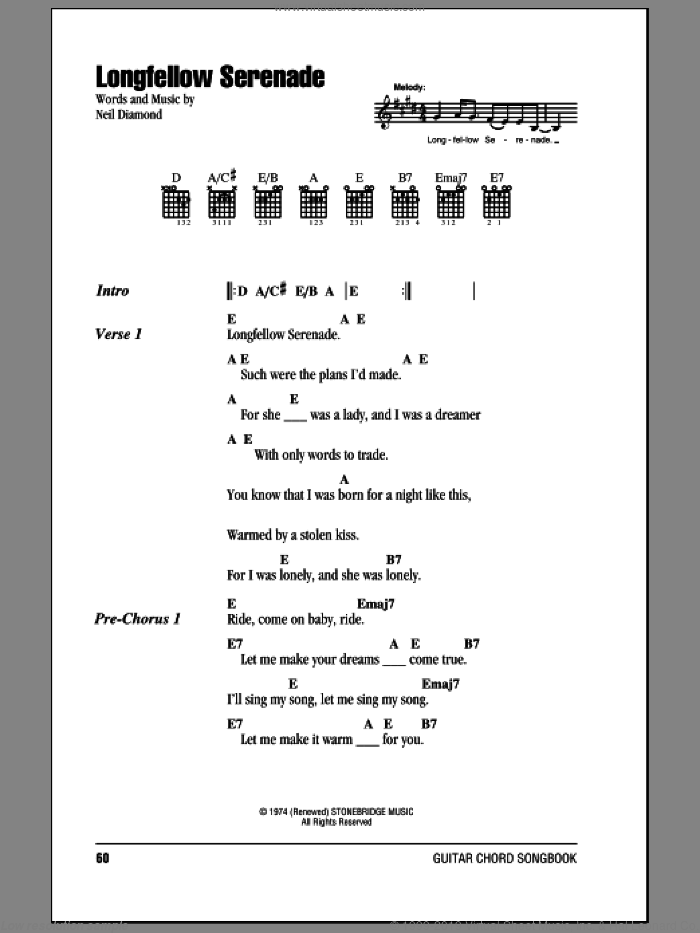 Longfellow Serenade sheet music for guitar (chords) by Neil Diamond, intermediate skill level