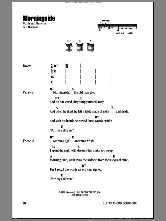 Morningside sheet music for guitar (chords) by Neil Diamond, intermediate skill level