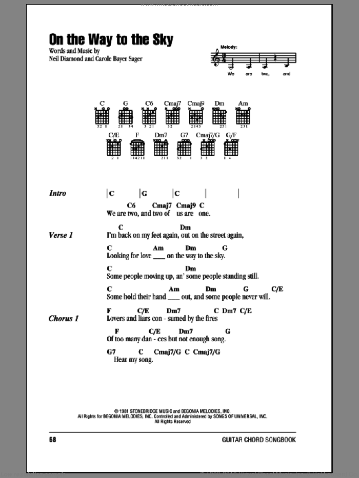On The Way To The Sky sheet music for guitar (chords) by Neil Diamond and Carole Bayer Sager, intermediate skill level