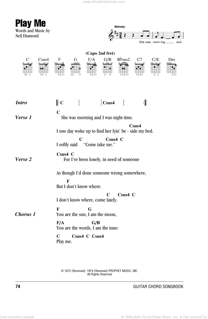 Play Me sheet music for guitar (chords) by Neil Diamond, intermediate skill level