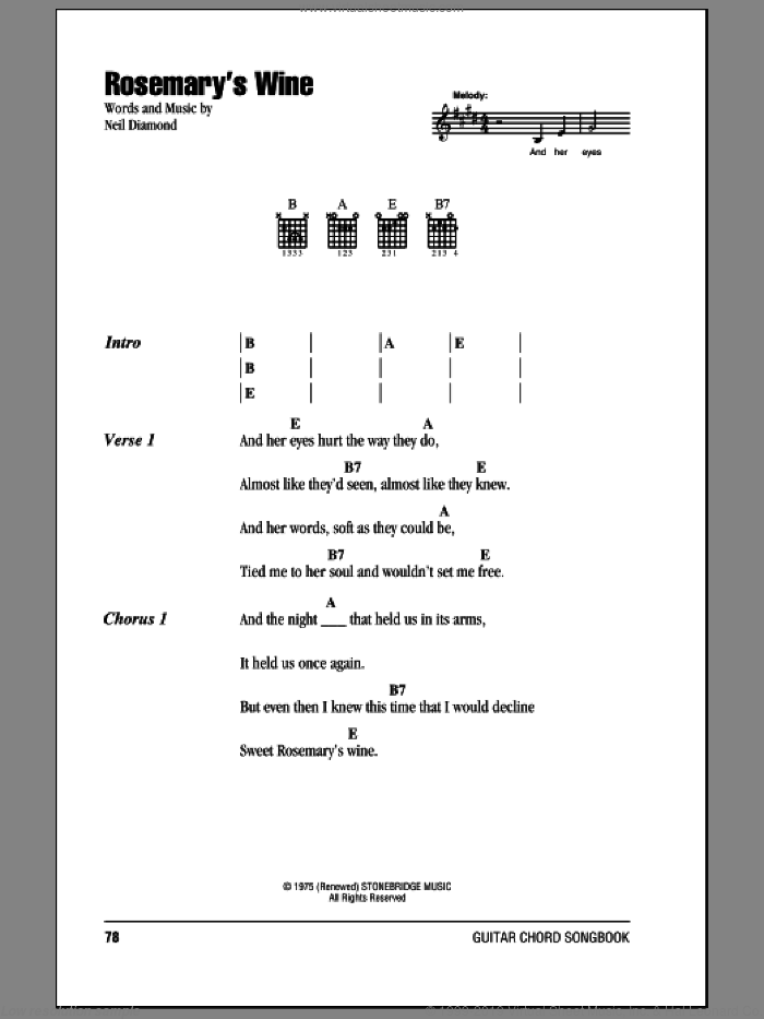 Rosemary's Wine sheet music for guitar (chords) by Neil Diamond, intermediate skill level