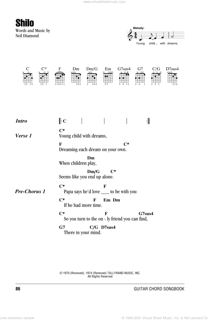 Shilo sheet music for guitar (chords) by Neil Diamond, intermediate skill level