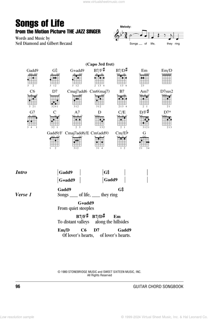 Songs Of Life sheet music for guitar (chords) by Neil Diamond and Gilbert Becaud, intermediate skill level