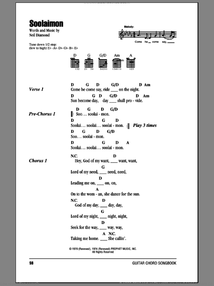 Soolaimon sheet music for guitar (chords) by Neil Diamond, intermediate skill level