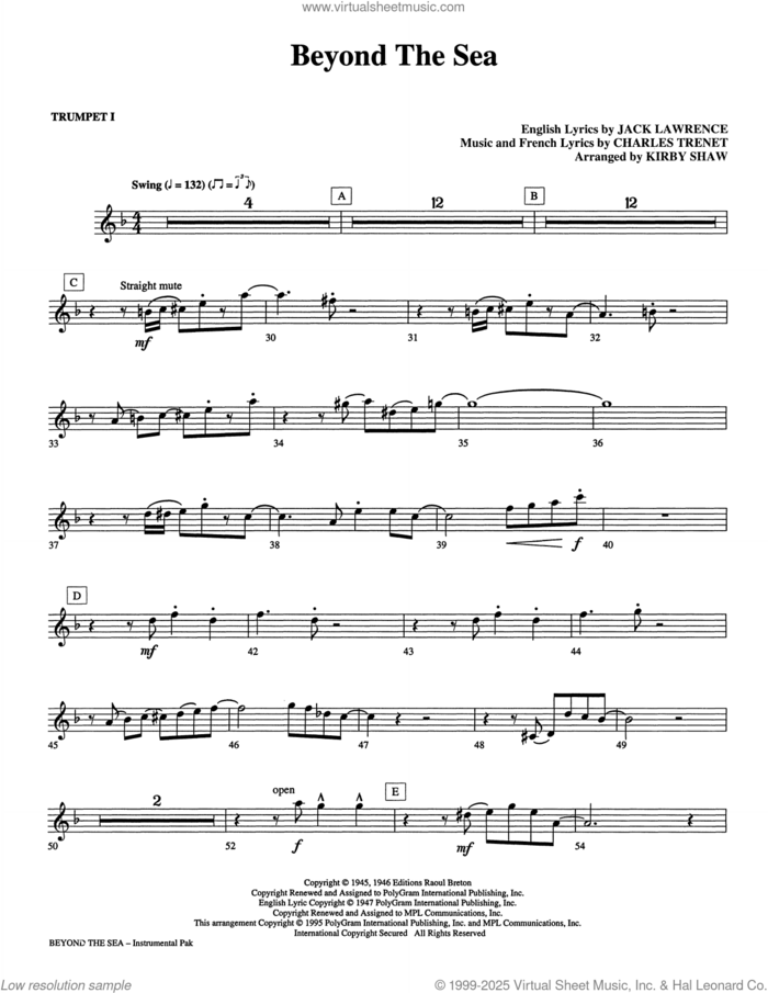 Beyond The Sea (arr. Kirby Shaw) (complete set of parts) sheet music for orchestra/band (Instrumental Accompaniment) by Kirby Shaw, Albert Lasry, Charles Trenet and Jack Lawrence, intermediate skill level