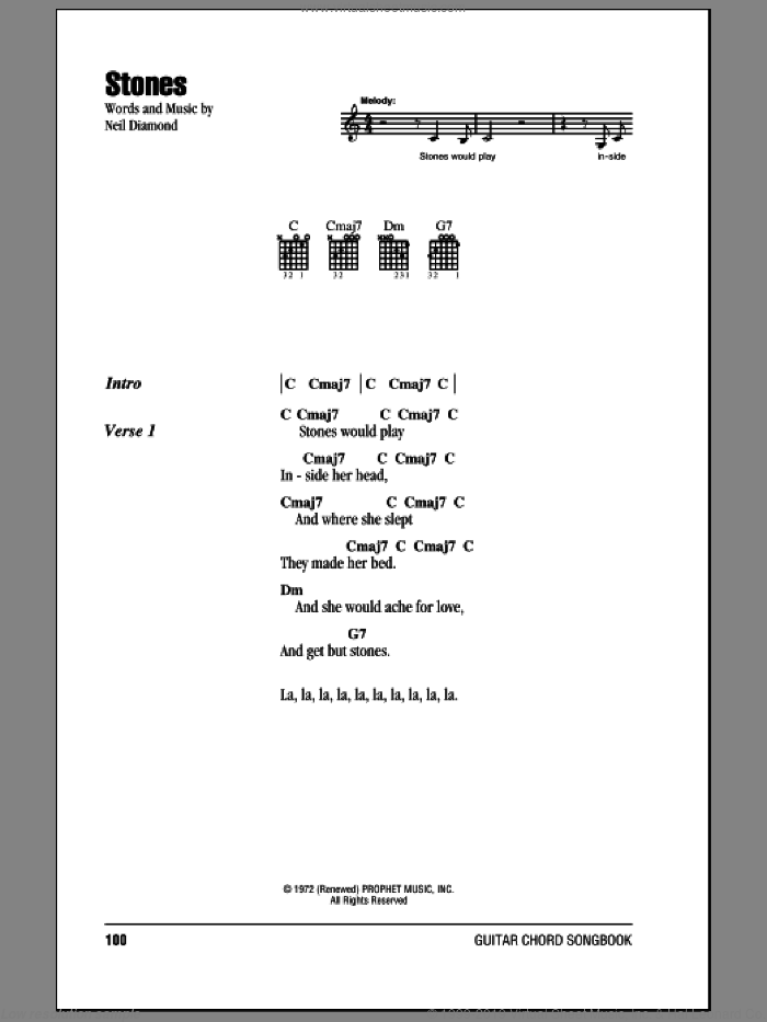 Stones sheet music for guitar (chords) by Neil Diamond, intermediate skill level