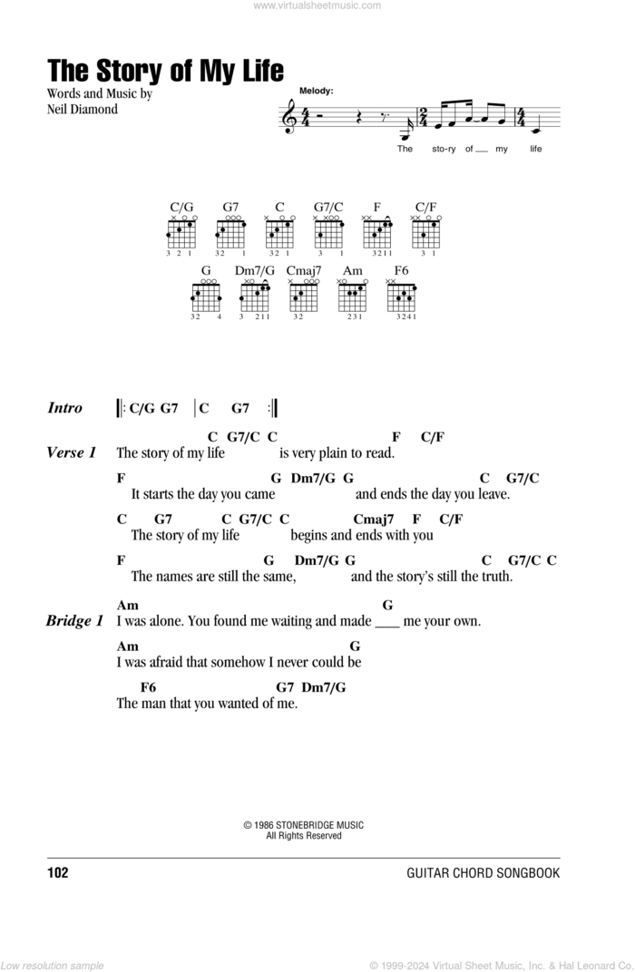 The Story Of My Life sheet music for guitar (chords) by Neil Diamond, intermediate skill level