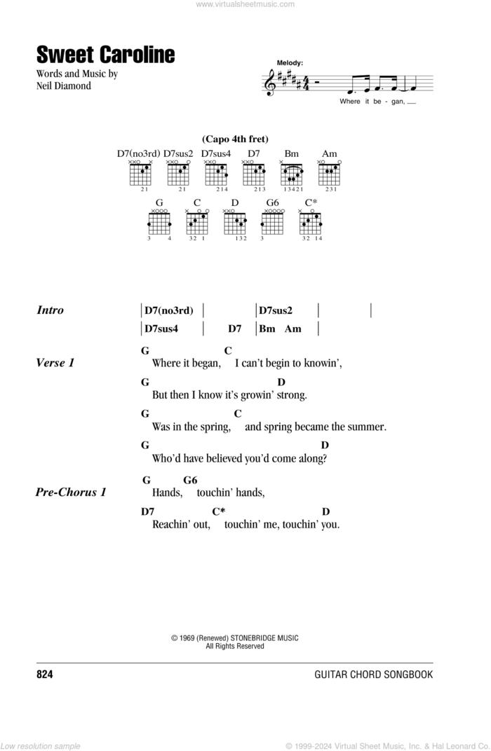 Sweet Caroline sheet music for guitar (chords) by Neil Diamond, intermediate skill level