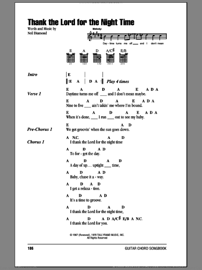 Thank The Lord For The Night Time sheet music for guitar (chords) by Neil Diamond, intermediate skill level