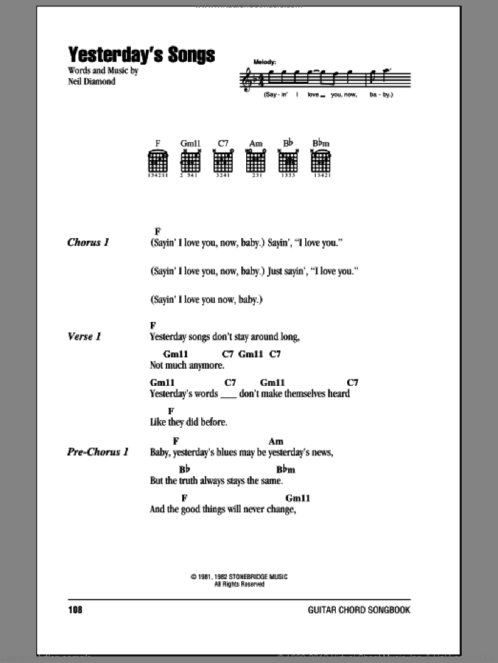 Yesterday's Songs sheet music for guitar (chords) by Neil Diamond, intermediate skill level