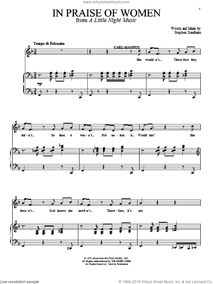 In Praise Of Women sheet music for voice and piano by Stephen Sondheim and A Little Night Music (Musical), intermediate skill level