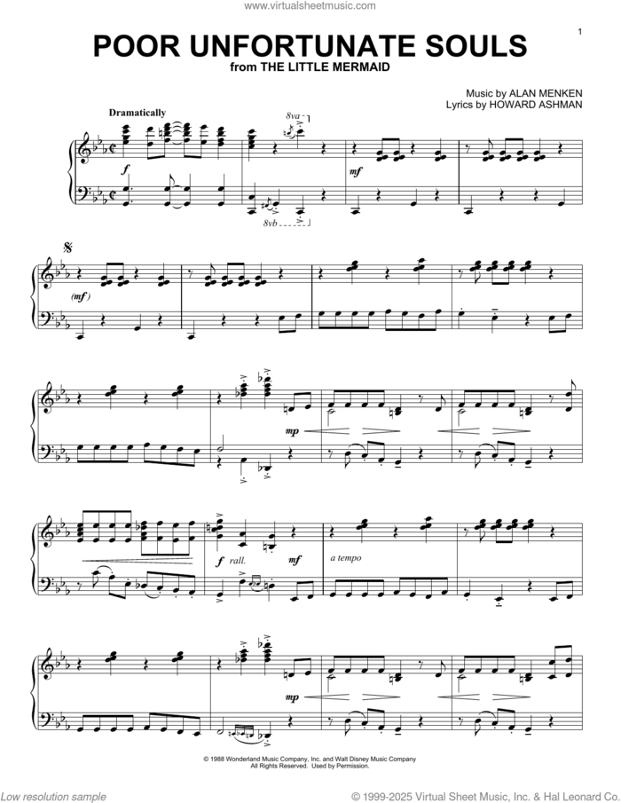 Poor Unfortunate Souls (from The Little Mermaid) sheet music for piano solo by Alan Menken and Howard Ashman, intermediate skill level