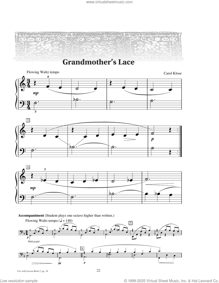 Grandmother's Lace sheet music for piano solo (elementary) by Carol Klose, beginner piano (elementary)