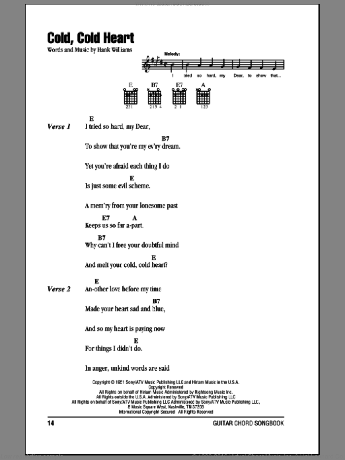 Cold, Cold Heart sheet music for guitar (chords) by Hank Williams, intermediate skill level