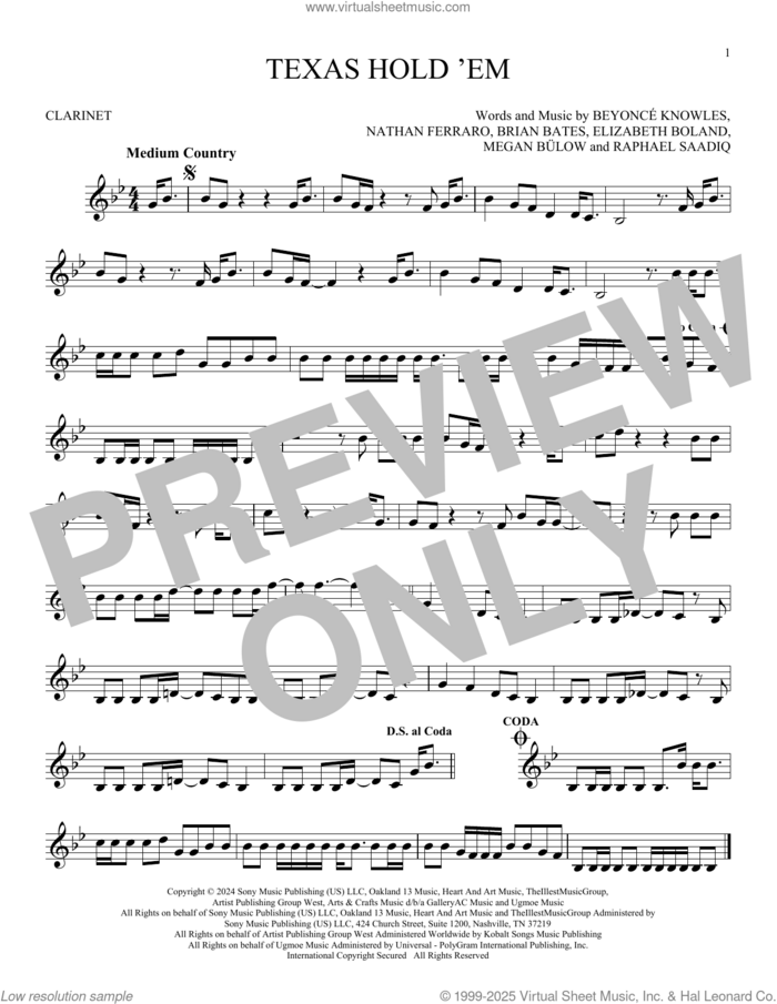 Texas Hold 'Em sheet music for clarinet solo by Raphael Saadiq, Beyonce, Beyonce Knowles, Brian Bates, Elizabeth Boland, Megan Bulow and Nathan Ferraro, intermediate skill level