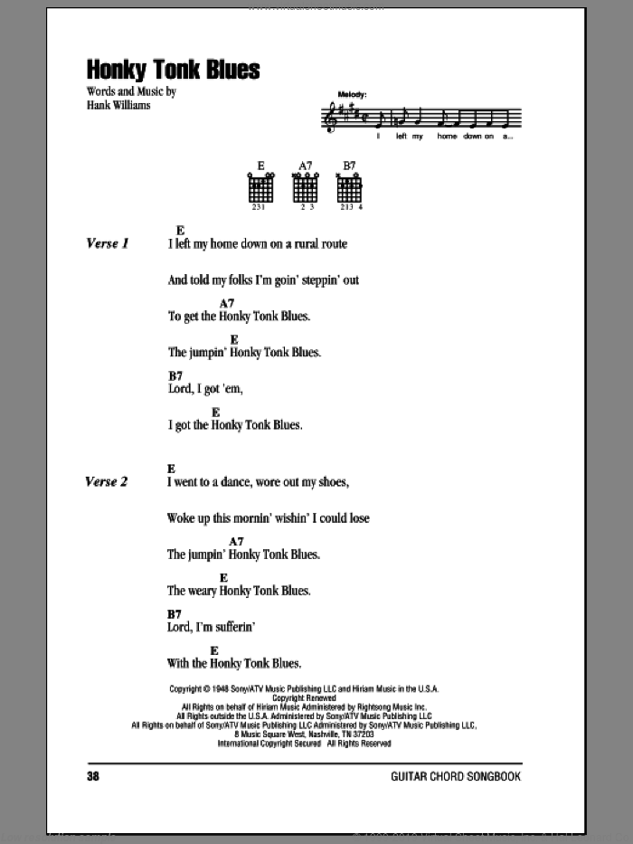 Honky Tonk Blues sheet music for guitar (chords) by Hank Williams, intermediate skill level