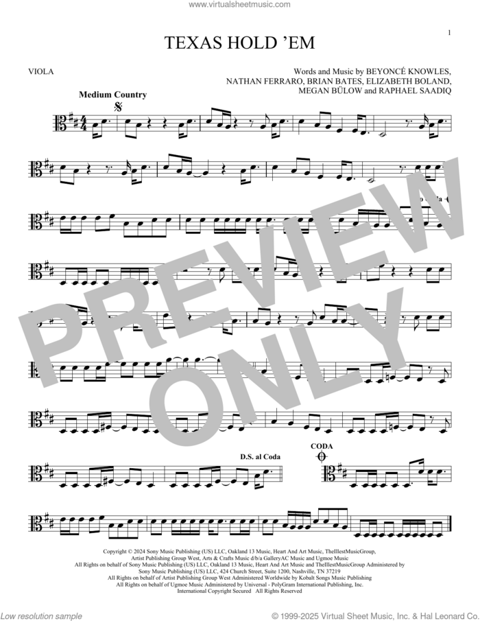 Texas Hold 'Em sheet music for viola solo by Raphael Saadiq, Beyonce, Beyonce Knowles, Brian Bates, Elizabeth Boland, Megan Bulow and Nathan Ferraro, intermediate skill level
