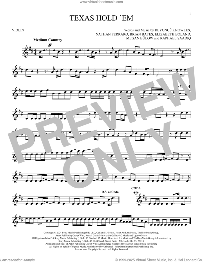Texas Hold 'Em sheet music for violin solo by Raphael Saadiq, Beyonce, Beyonce Knowles, Brian Bates, Elizabeth Boland, Megan Bulow and Nathan Ferraro, intermediate skill level