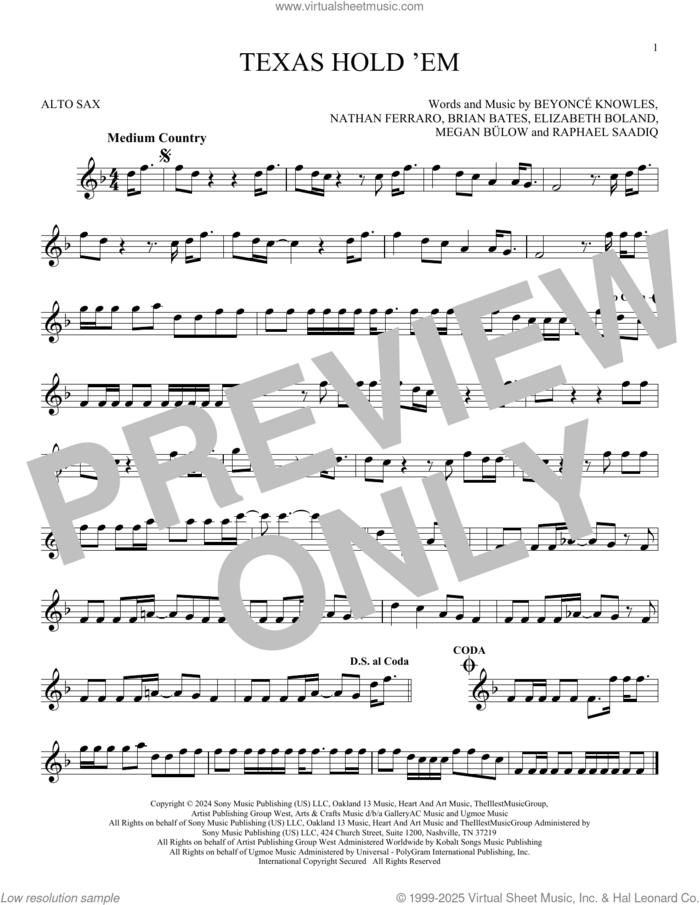 Texas Hold 'Em sheet music for alto saxophone solo by Raphael Saadiq, Beyonce, Beyonce Knowles, Brian Bates, Elizabeth Boland, Megan Bulow and Nathan Ferraro, intermediate skill level