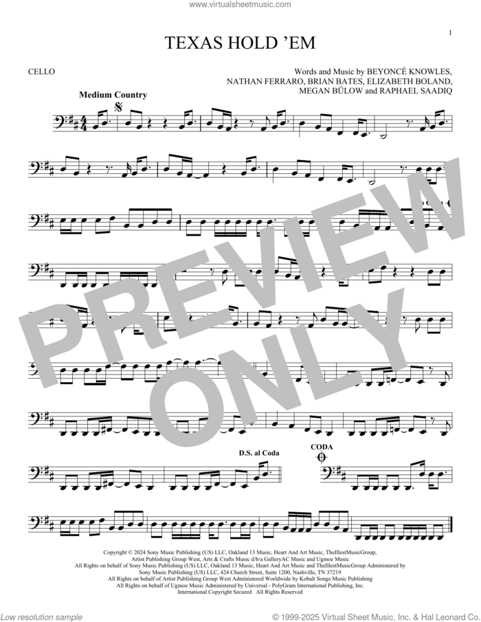 Texas Hold 'Em sheet music for cello solo by Raphael Saadiq, Beyonce, Beyonce Knowles, Brian Bates, Elizabeth Boland, Megan Bulow and Nathan Ferraro, intermediate skill level