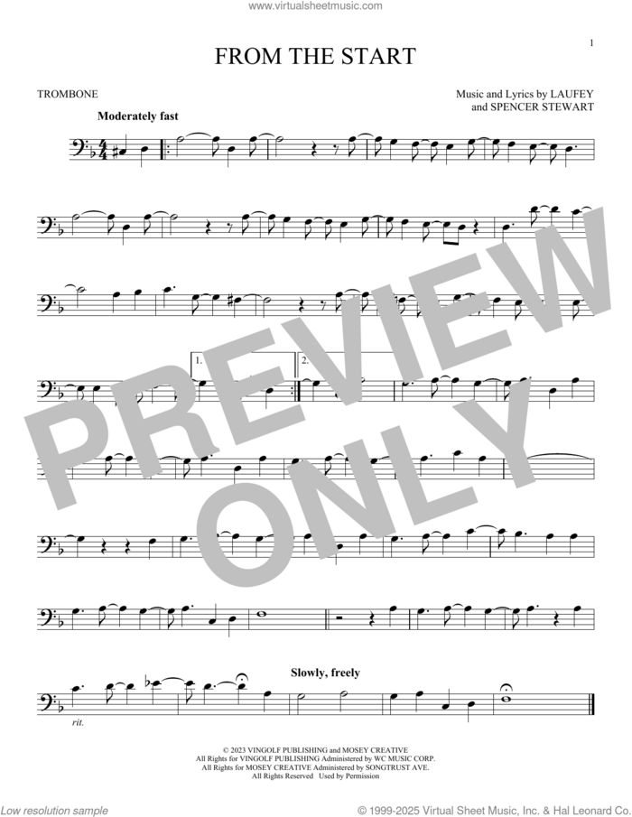 From The Start sheet music for trombone solo by Laufey and Spencer Stewart, intermediate skill level