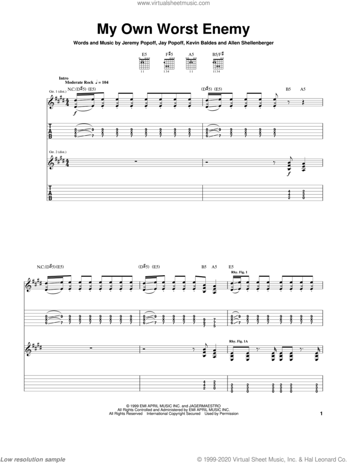 My Own Worst Enemy sheet music for guitar (tablature) by Lit, Allen Shellenberger, Jay Popoff and Jeremy Popoff, intermediate skill level
