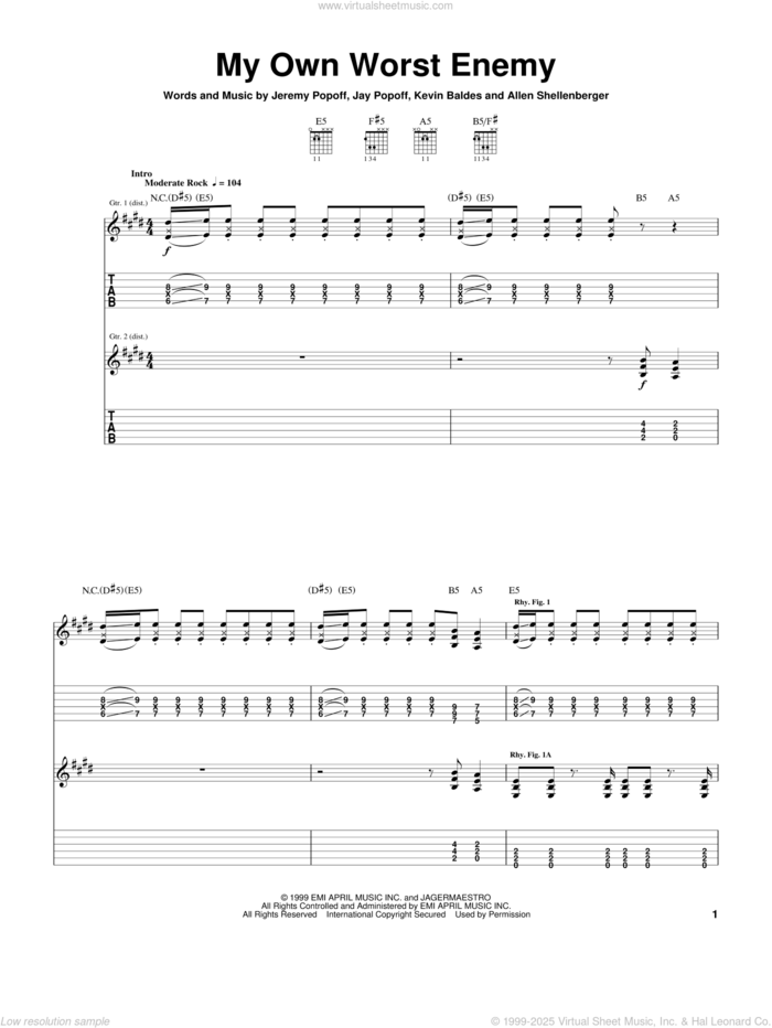 My Own Worst Enemy sheet music for guitar (tablature) by Lit, Allen Shellenberger, Jay Popoff and Jeremy Popoff, intermediate skill level