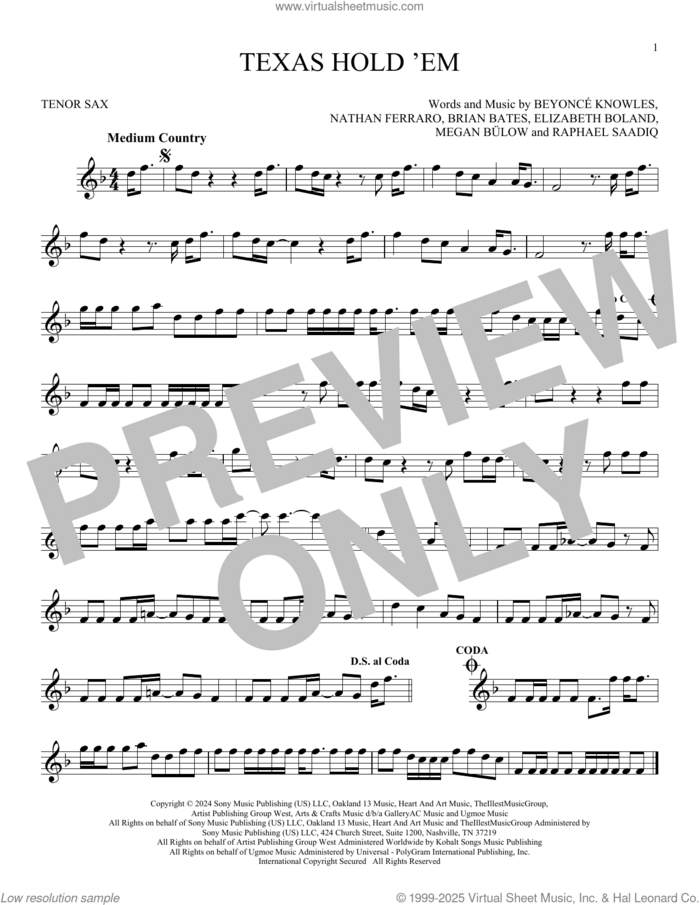Texas Hold 'Em sheet music for tenor saxophone solo by Raphael Saadiq, Beyonce, Beyonce Knowles, Brian Bates, Elizabeth Boland, Megan Bulow and Nathan Ferraro, intermediate skill level