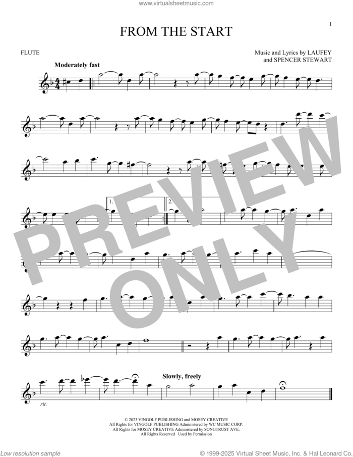 From The Start sheet music for flute solo by Laufey and Spencer Stewart, intermediate skill level