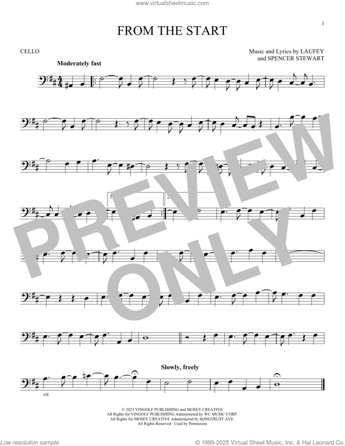 From The Start sheet music for cello solo by Laufey and Spencer Stewart, intermediate skill level